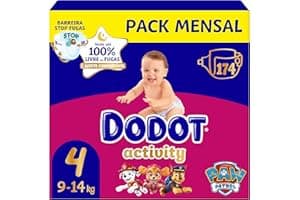 Dodot Pañales Bebé Activity, Talla 4 (9-14 kg),174 Pañales, Hasta 12h de Protección Antifugas y Ajuste, Pack Mensual