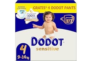 Dodot Pañales Bebé Sensitive, Talla 4 (9-14 kg), 172 Pañales + 4 Pants de Regalo, Hasta 12 h De Protección Antifugas y Cuidado de la Piel, Pack Mensual