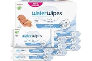WaterWipes Sensitive+ Newborn &amp; Baby Wipes, Toallitas Para Recién Nacidos y Bebés, 540 unidades (paquete de 9), 3 en 1 Limpia, Cuida, Protege, 99,9% Agua, Sin perfume