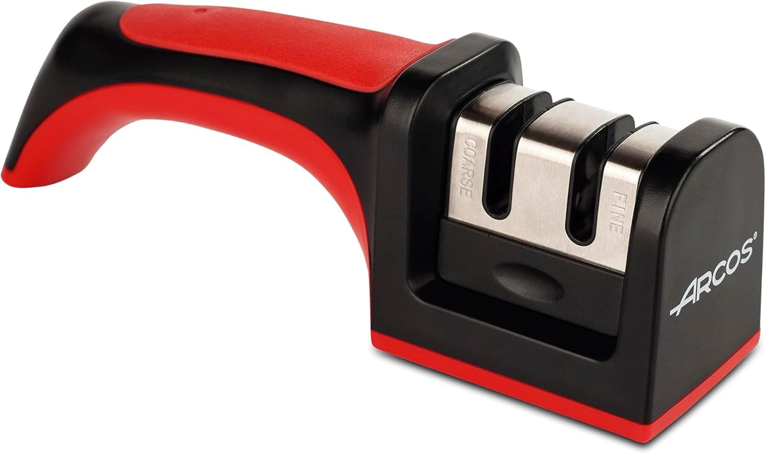 ARCOS Afilador Profesional con Mango Ergonómico de Uso Manual para Afilar y Pulir Cuchillos. Rodillos Cerámicos y de Carbono. Color Rojo y Negro