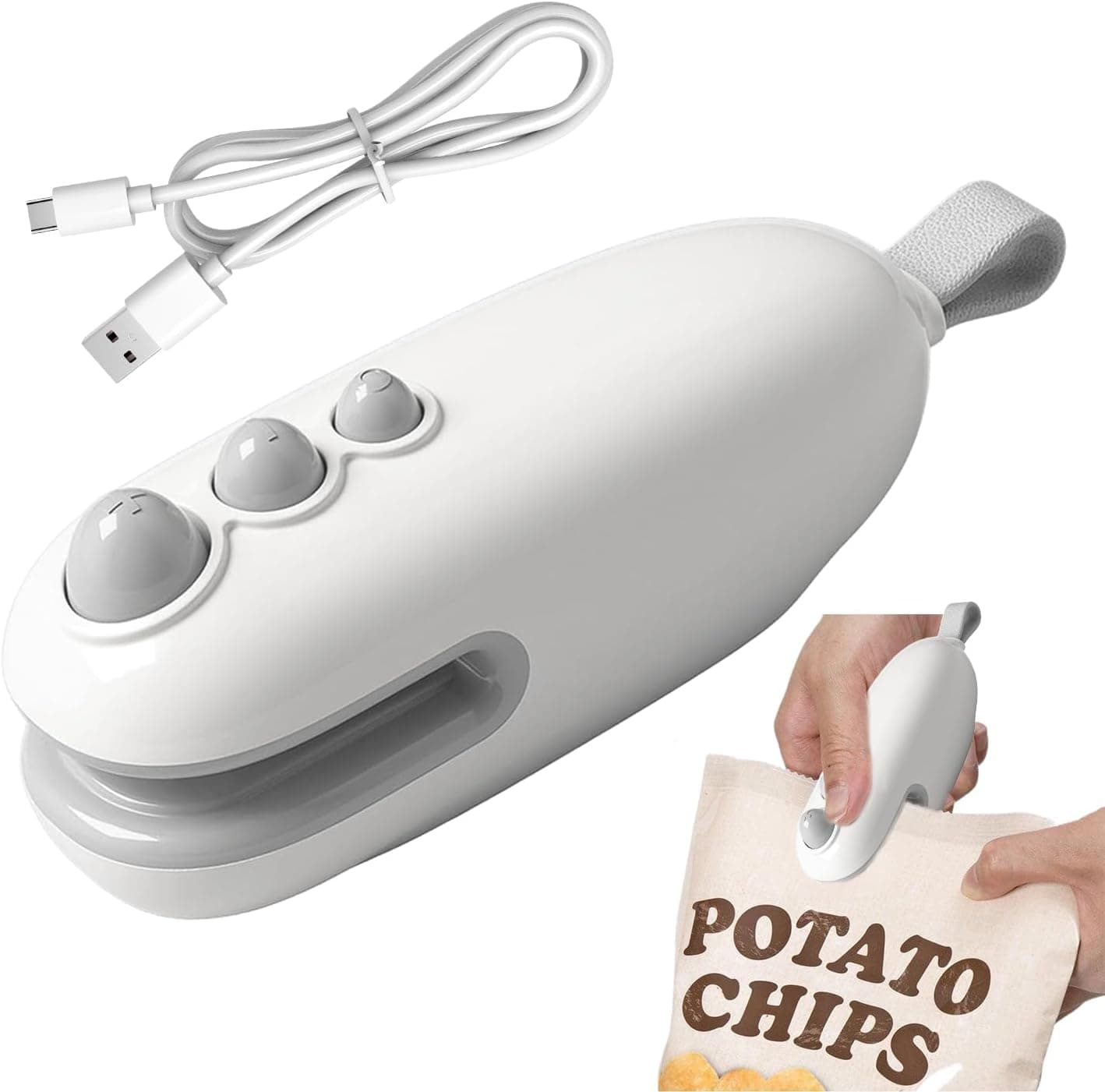 Mini sellador de bolsas, sellador y cortador 2 en 1, Máquina de Sellado Portátil, sellador térmico magnético recargable por USB, Mini Sellador de Bolsas para Almacenamiento Alimentos (blanco)