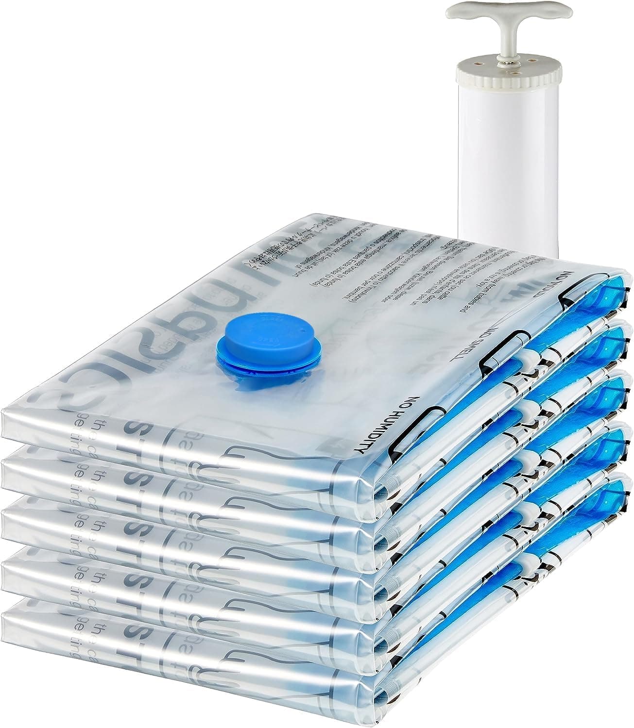 Amazon Basics Paquete de 5 bolsas de vacío para almacenamiento, incluyen boca para aspirador, L, Cremallera, Claro