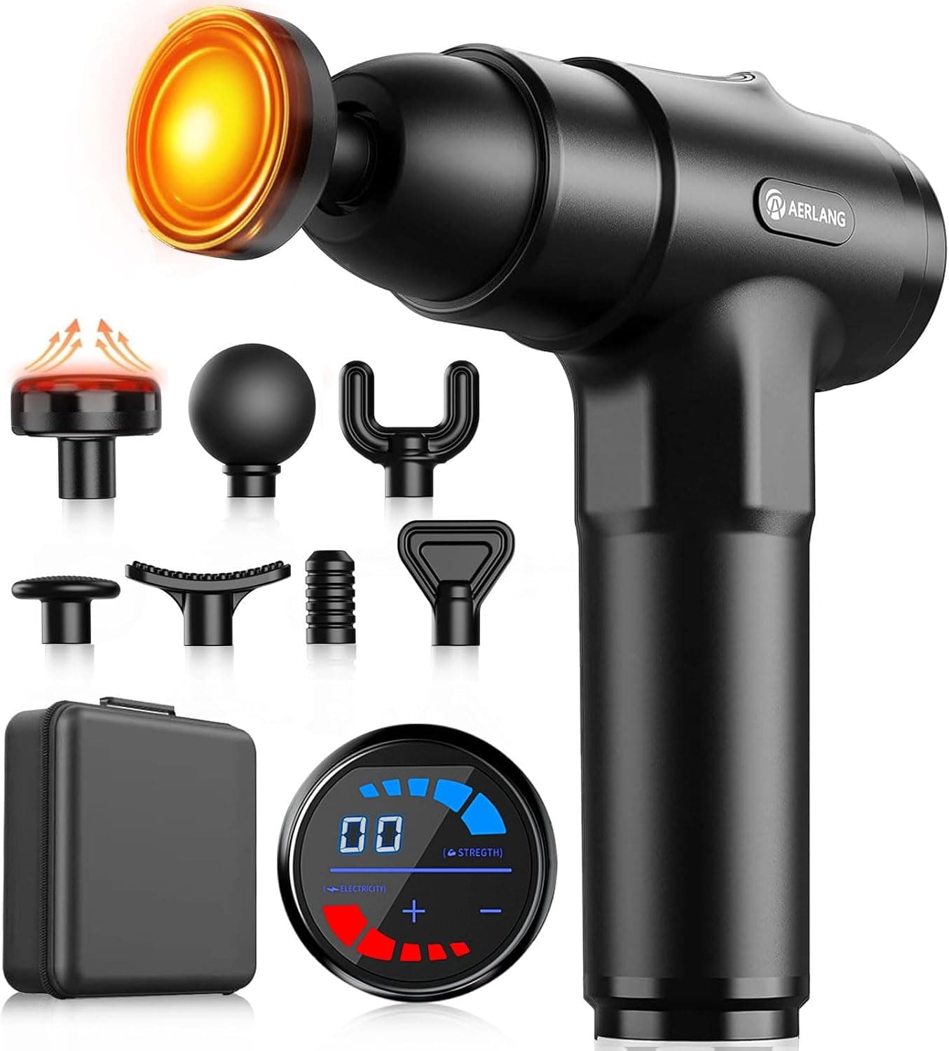AERLANG Pistola de Masaje Muscular con Calor – Masajeador Muscular Profundo con 20 Velocidades, 7 Cabezales y Pantalla LED, Masajeador Cervical y Espalda – Regalo para Hombre, Mujer, Papá y Mamá
